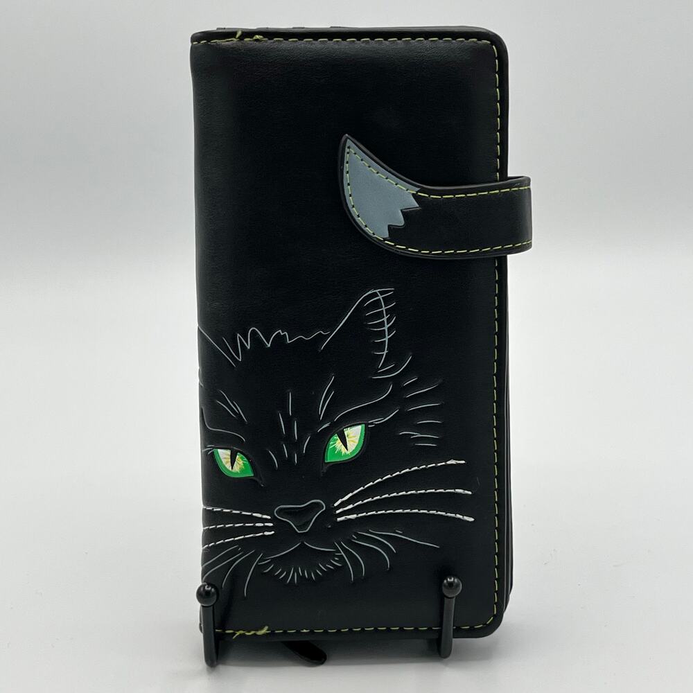 Nemesus Now Lucky Cat Purse Wallet Black Faux Leather Black Cat Green Eyes Tail